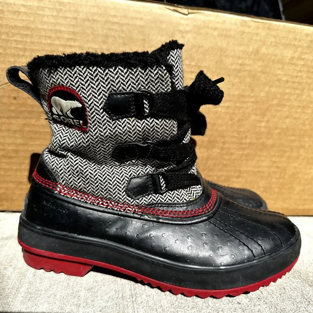 Sorel Tivoli Herringbone Tweed Winter Snow Boots Lace Up Chevron Faux Fur Red 7